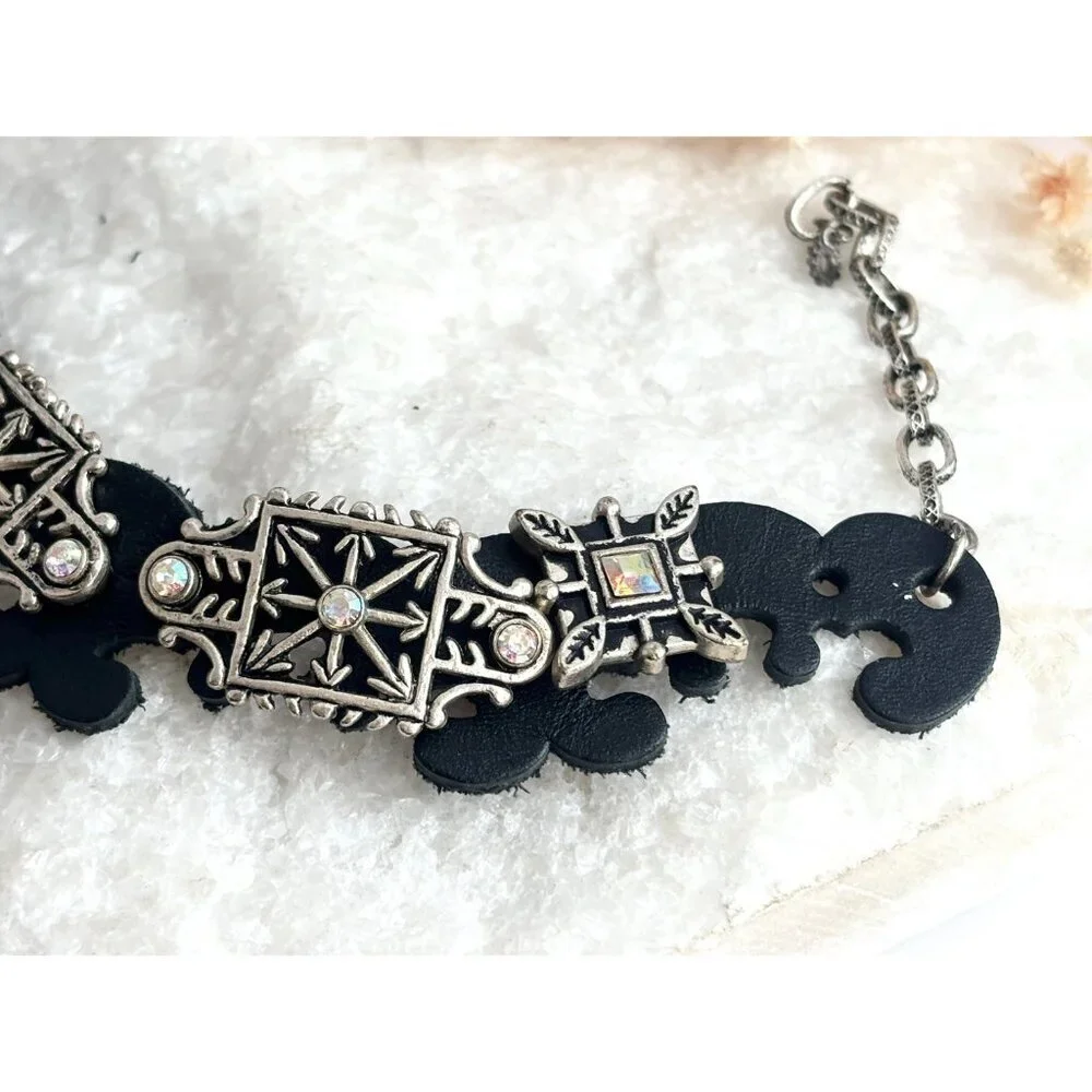 Faux Black Leather Boho Gemstone Silver T Adjustable Vintage Bracelet - 7